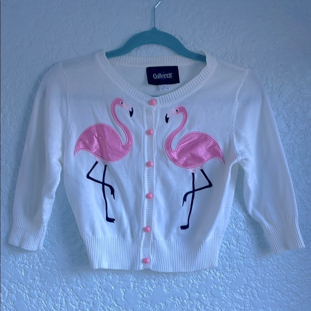 Collectif White Cardigan with Pink Flamingos
